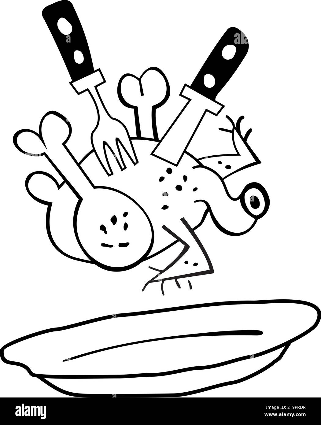 Aliment à base de viande. Canard grillé, poulet ou dinde. Plaque. Canard grillé, poulet ou dinde. Couteau et fourchette. Illustration de lignes en noir et blanc Illustration de Vecteur