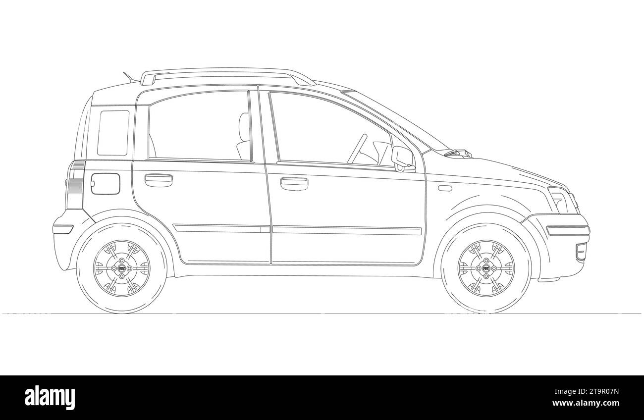 Italie, année 2003, Fiat Panda, deuxième version de la voiture italienne populaire, vintage, silhouette esquissée, illustration vectorielle Banque D'Images
