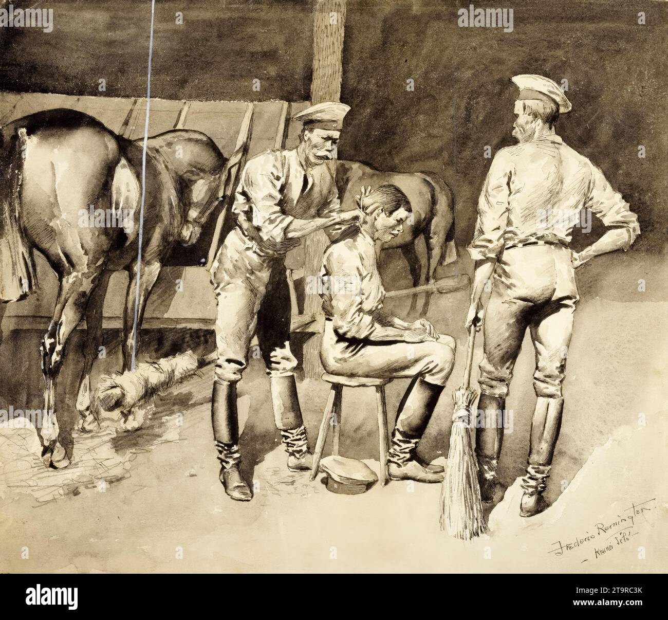 Frederic Remington, Une coupe de cheveux dans une écurie de cavalerie, aquarelle, 1891-1895 Banque D'Images