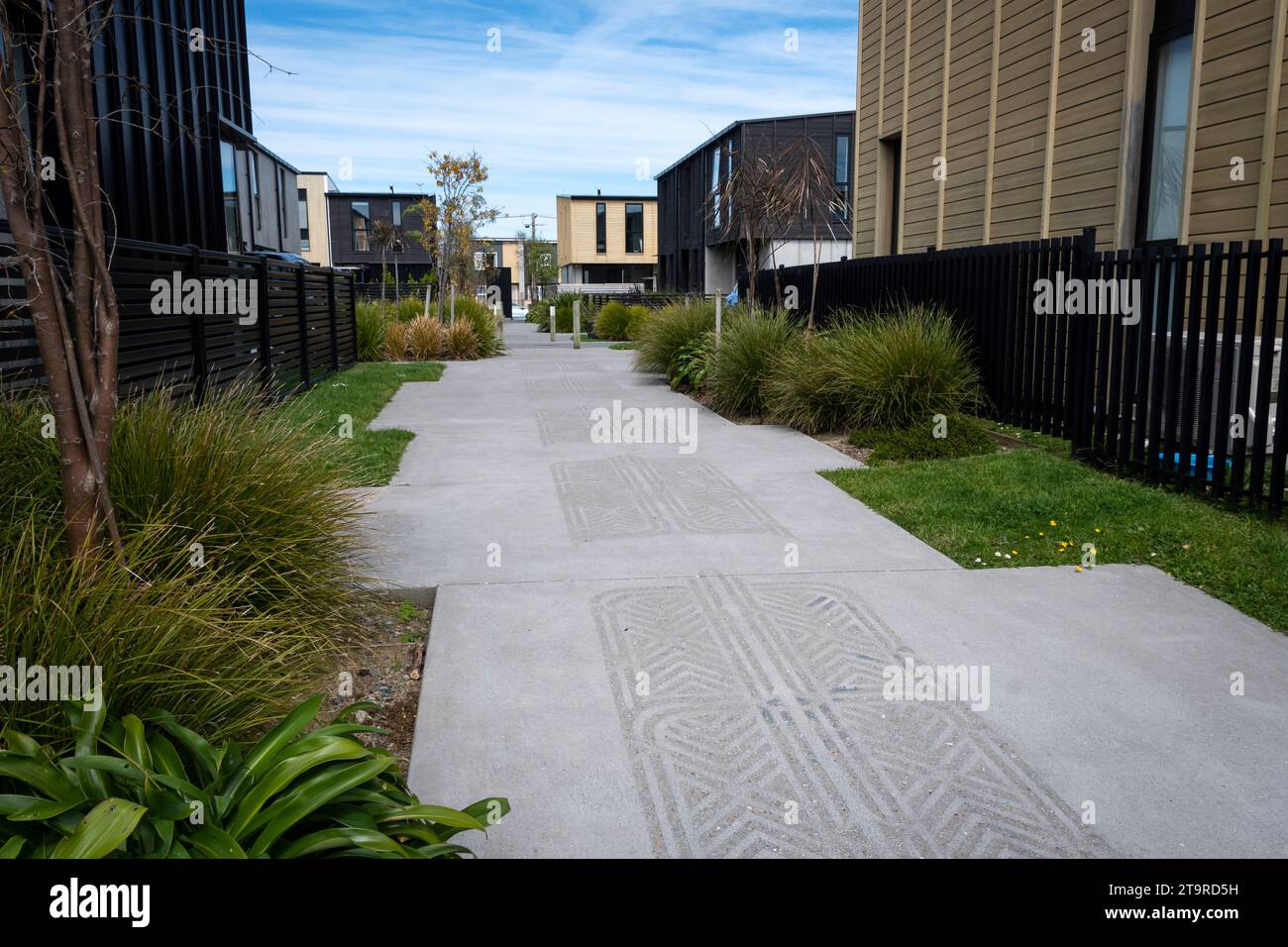 Sentier en béton décoré menant à des logements modernes à faible coût, Petone, Hutt City, Wellington, Île du Nord, nouvelle-Zélande Banque D'Images