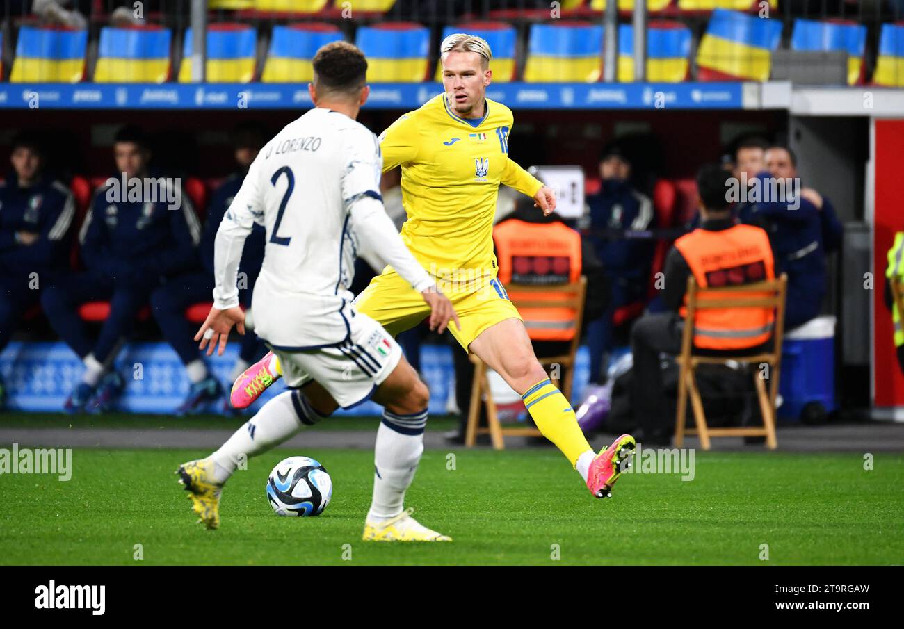 Football, hommes, qualifications pour le Championnat d'Europe 2024, BayArena Leverkusen, Ukraine - Italie ; Mykhailo Mudryk (UKR) Banque D'Images