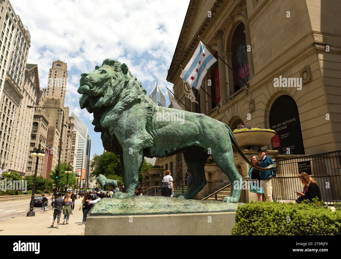 Chicago, USA - 05 juin 2018 : sculpture de lion devant l'Art Institute of Chicago. Banque D'Images