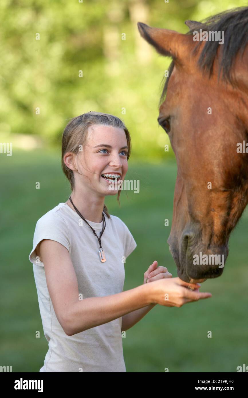 Une jeune fille donne un régal à son cheval à Madison, Connecticut. Banque D'Images