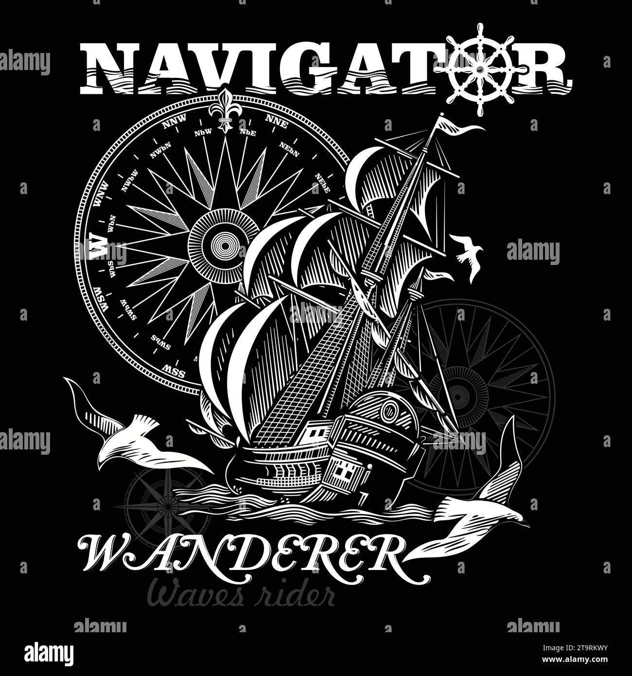 Design inspiré de la marine. Un voilier sur des voiles lâches dans une mer orageuse et des mouettes volantes Illustration de Vecteur