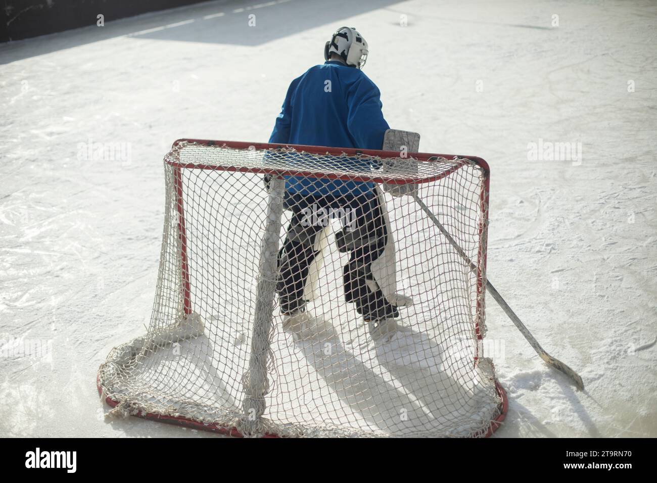 Joueur de hockey au but. Collier sur glace. Banque D'Images