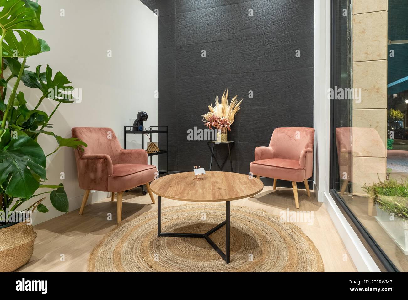 Intérieur de la salle d'attente d'un salon de beauté moderne avec des chaises confortables et une table Banque D'Images