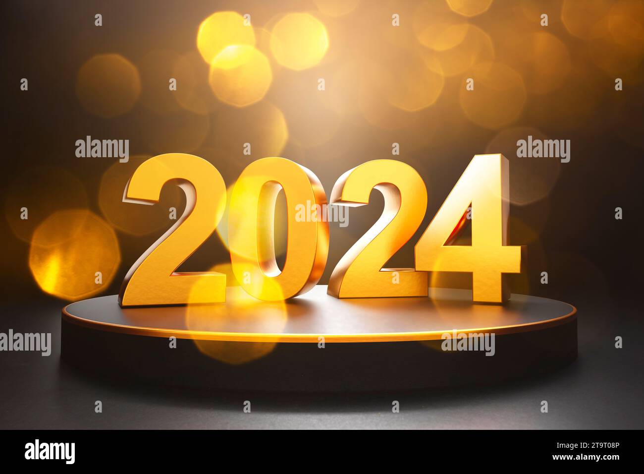 2024 Nouvel An Rendu 3d Lettrage Or Avec Podium PNG , Ballon 3d