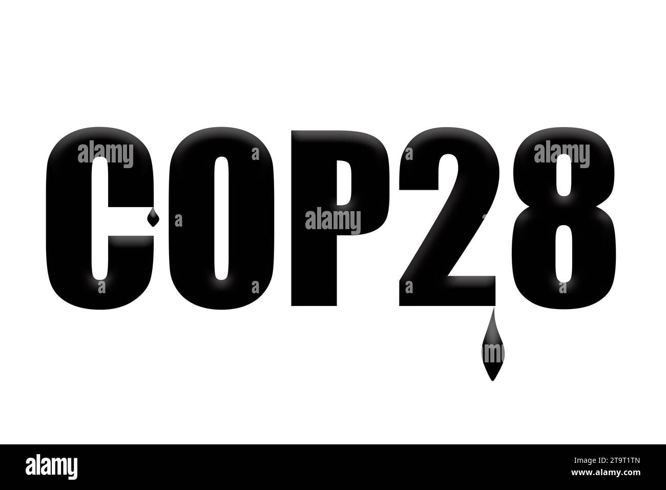 2023 Conférence des Nations Unies sur les changements climatiques ou Conférence des Parties à la CCNUCC alias COP28. COP28 avec des gouttelettes d'huile qui s'égouttent. La conférence COP28 débute le 30 novembre à Dubaï. L'événement a été accusé d'un exercice de greenwashing et il a été révélé que les délégués pourraient utiliser l'événement pour conclure des transactions pétrolières. combustibles fossiles, Banque D'Images