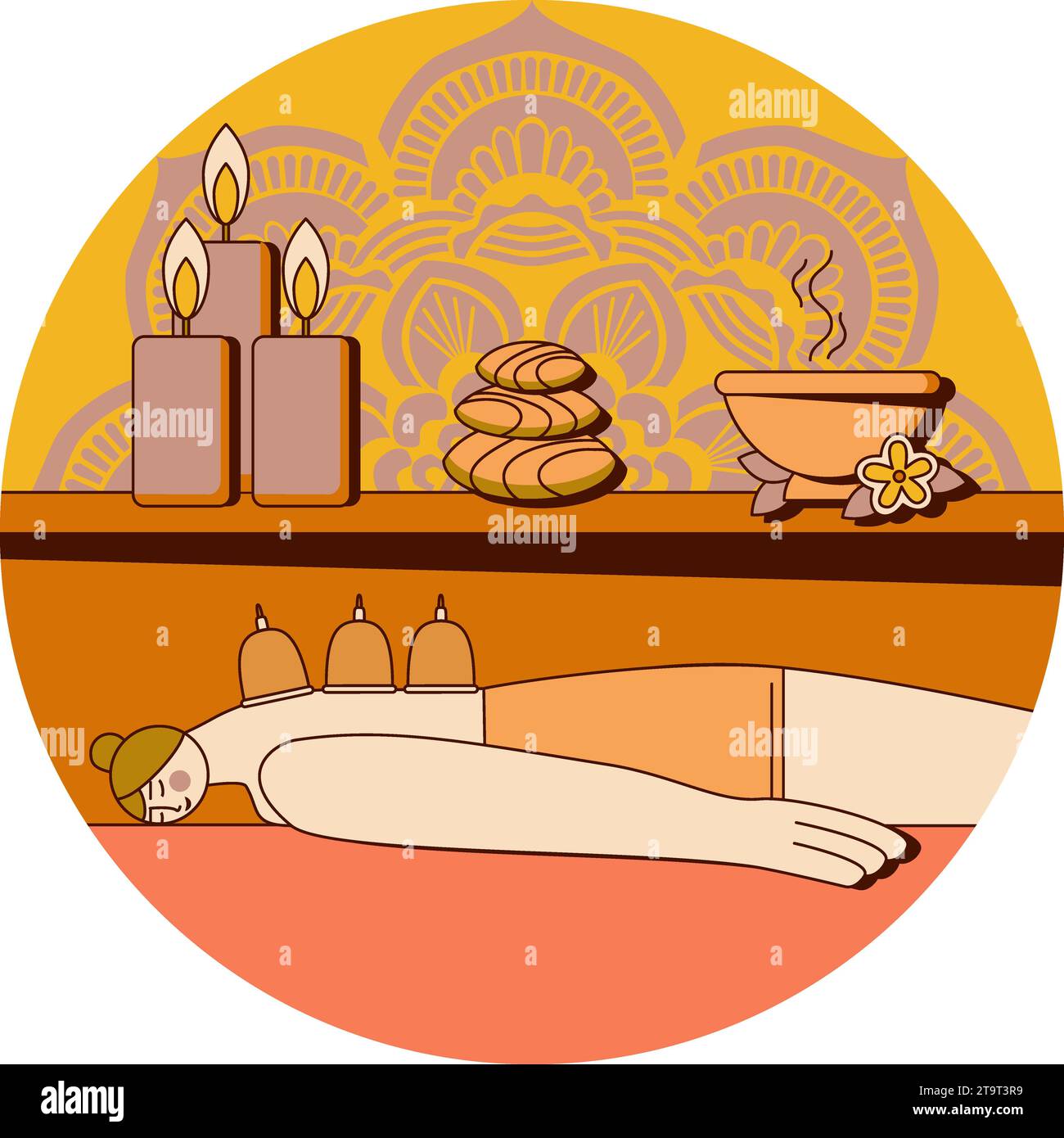 Massage du dos à ventouse bien-être. Illustration vectorielle plate isolée en forme de cercle. Illustration de Vecteur