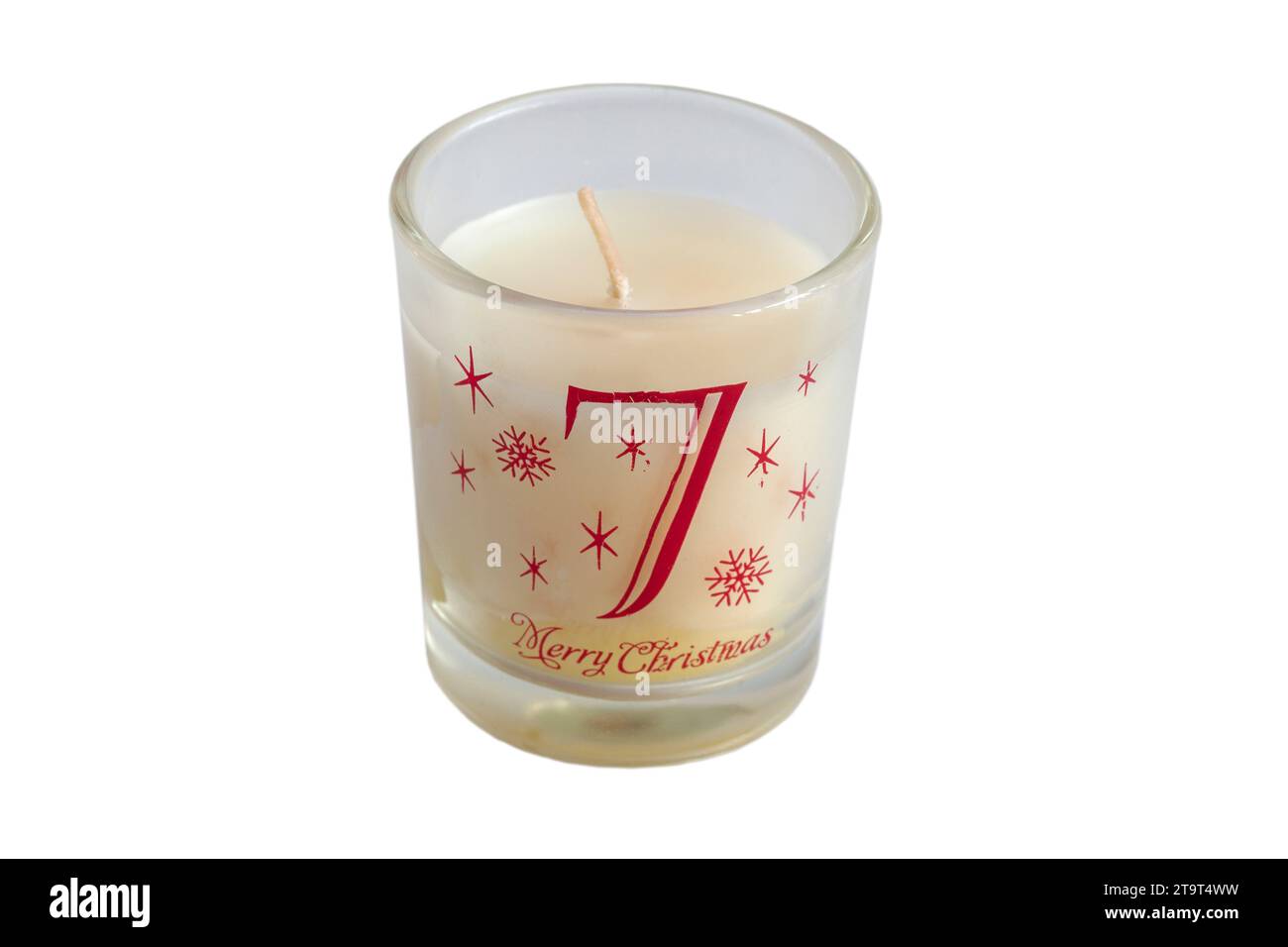 Bougie votive numéro 7 sept de 12 jours de bougies votives de Noël ensemble isolé sur fond blanc - Joyeux Noël Banque D'Images