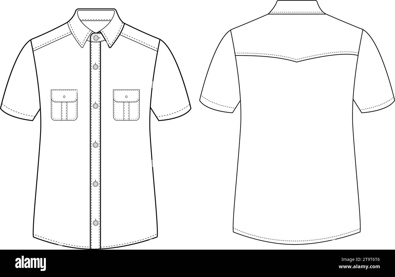Chemise de villégiature pour hommes à manches courtes plat dessin technique illustration vectorielle maquette conception de modèle Illustration de Vecteur