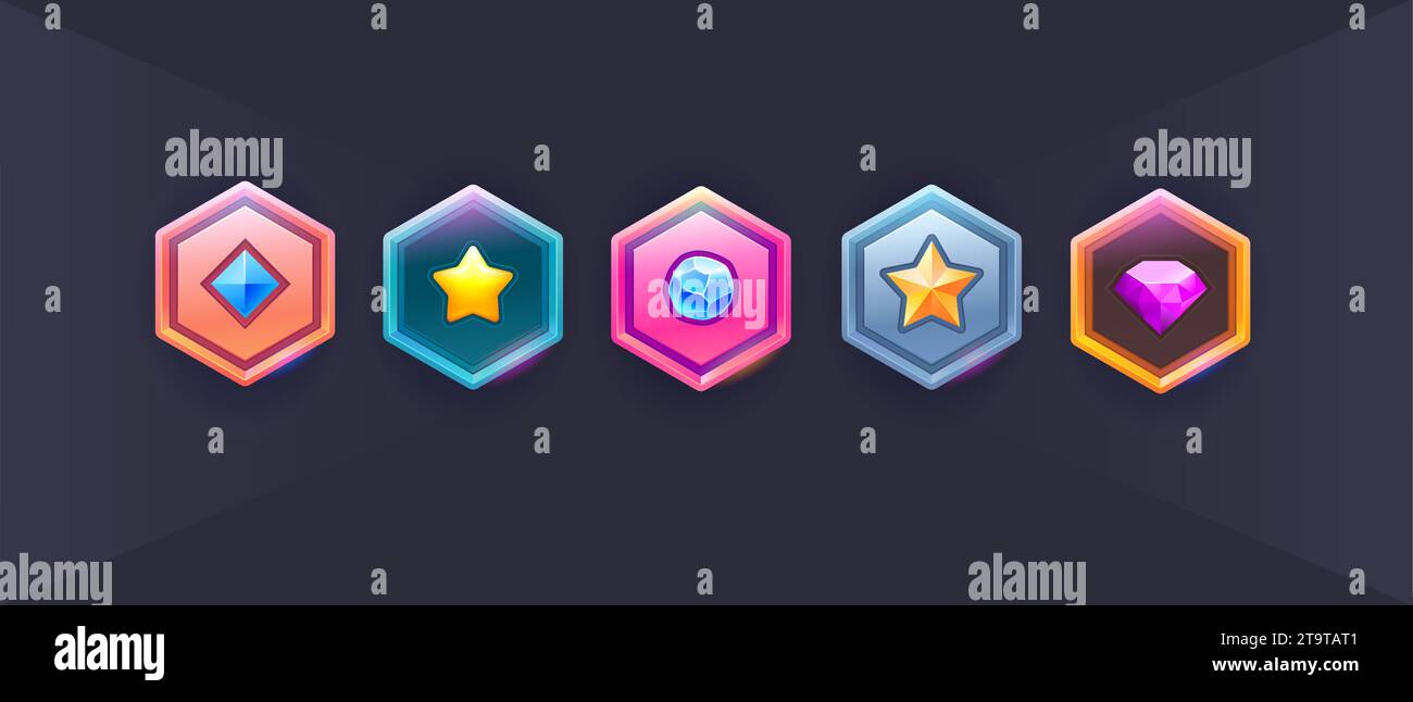 Vector Set d'icône d'étoile de jeux. Badges de bouclier militaire, insigne de rang de jeu. Icônes de jeu vectoriel, signes revard, étoiles, chevron pour utilisation mobile ou web Illustration de Vecteur