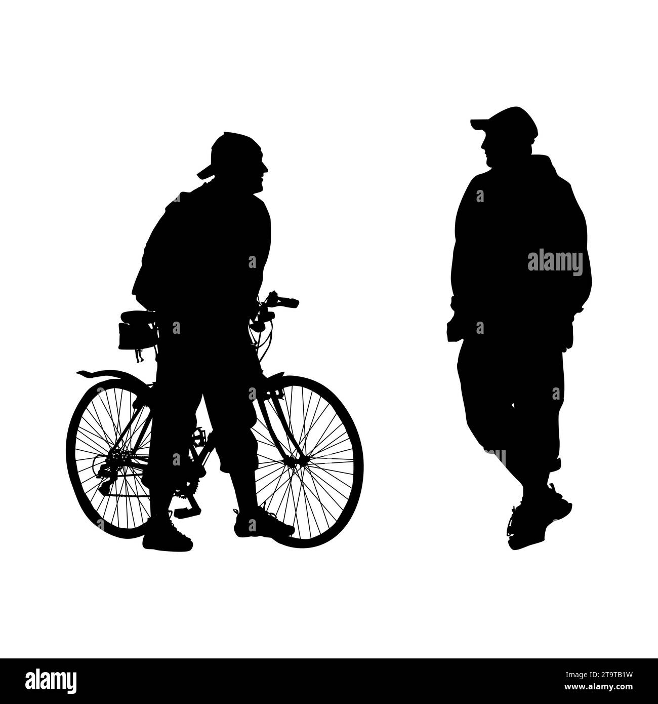 Silhouette des gens. Cycliste s'est arrêté à vélo pour parler à un ami. Deux hommes se tiennent face l'un à l'autre. Cycliste masculin et hommes de randonnée se rencontrent. Vecteur Illustration de Vecteur