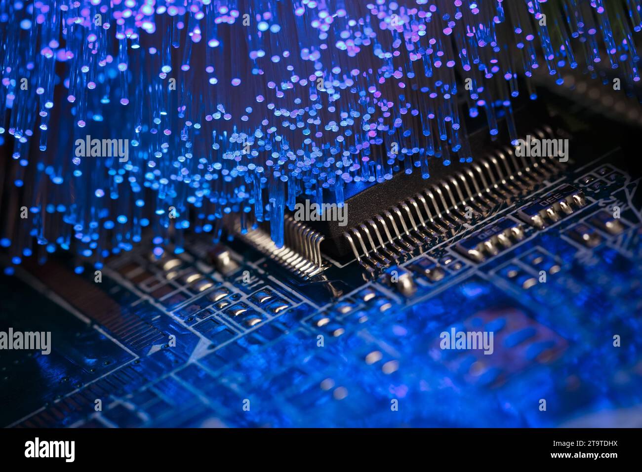 Macro-photographie d'une carte de circuit imprimé avec un processeur et des fibres optiques éclairant la carte Banque D'Images