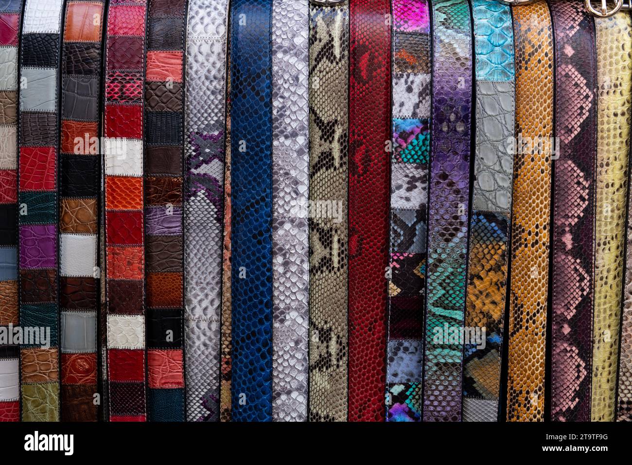 Une variété de ceintures en cuir multicolores fabriquées à la main à vendre dans un marché extérieur à Florence, en Italie. Banque D'Images