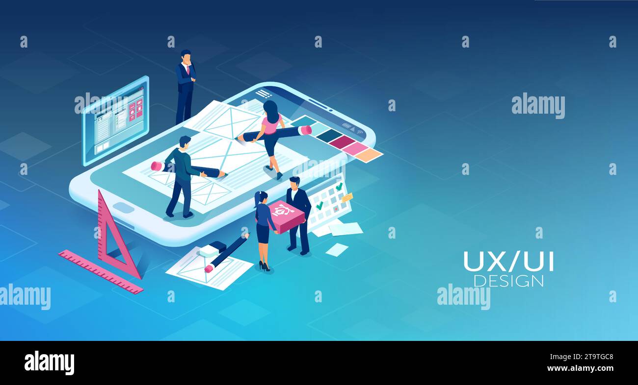 Conception d'applications mobiles. Équipe d'ingénieurs logiciels travaillant sur l'interface utilisateur d'une application mobile Illustration de Vecteur
