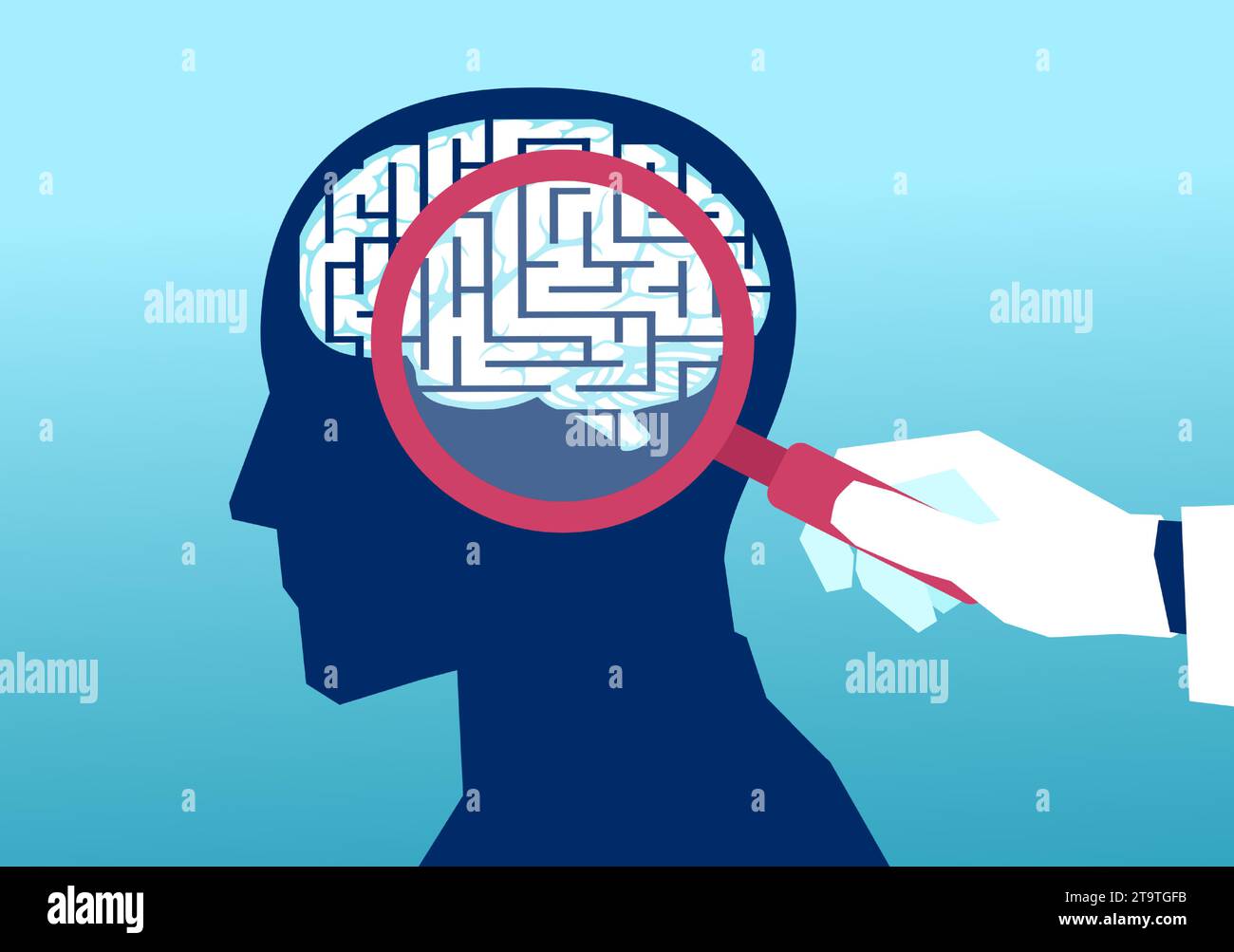 Vecteur d'un médecin avec loupe examine le cerveau de labyrinthe humain. Concept de santé mentale Illustration de Vecteur