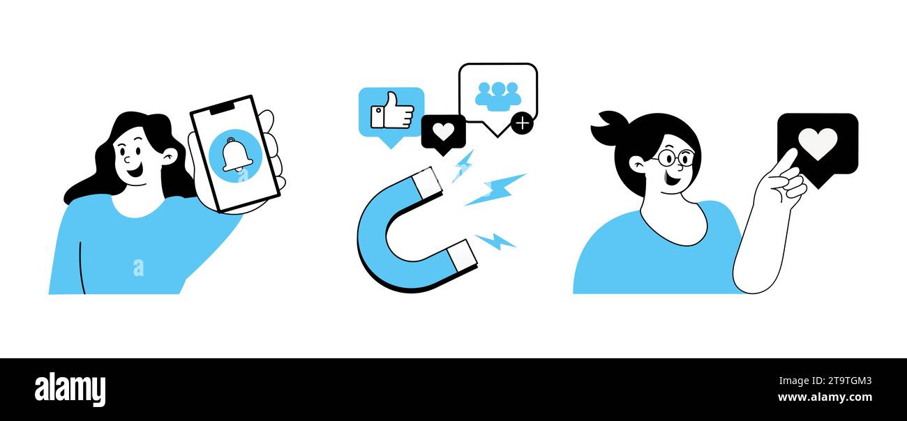 Jeunes femmes utilisant des gadgets mobiles communiquant étant attirées par la plate-forme d'application média socila Illustration de Vecteur