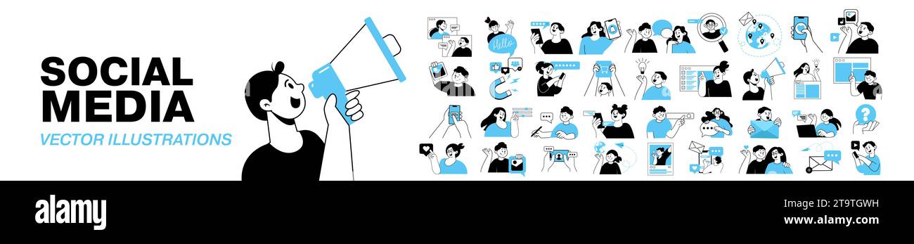 Médias sociaux, marketing numérique, communication en ligne et concept de réseautage. Un ensemble d'illustrations de personnes utilisant des gadgets mobiles dans diverses activités Illustration de Vecteur