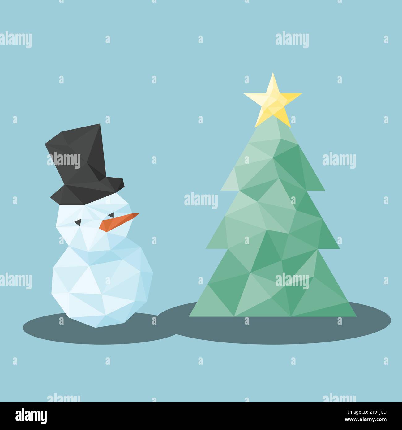Bonhomme de neige polygone avec icône d'arbre de Noël Illustration de Vecteur