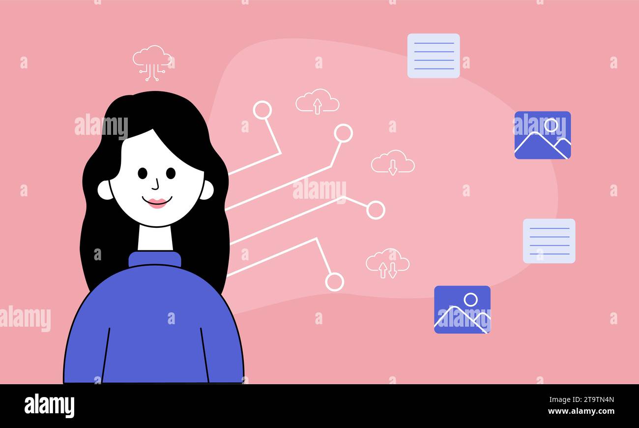 Illustration vectorielle d'une femme utilisant la technologie pour l'organisation de fichiers en nuage, le partage de fichiers en réseau. La technologie pour les entreprises Illustration de Vecteur