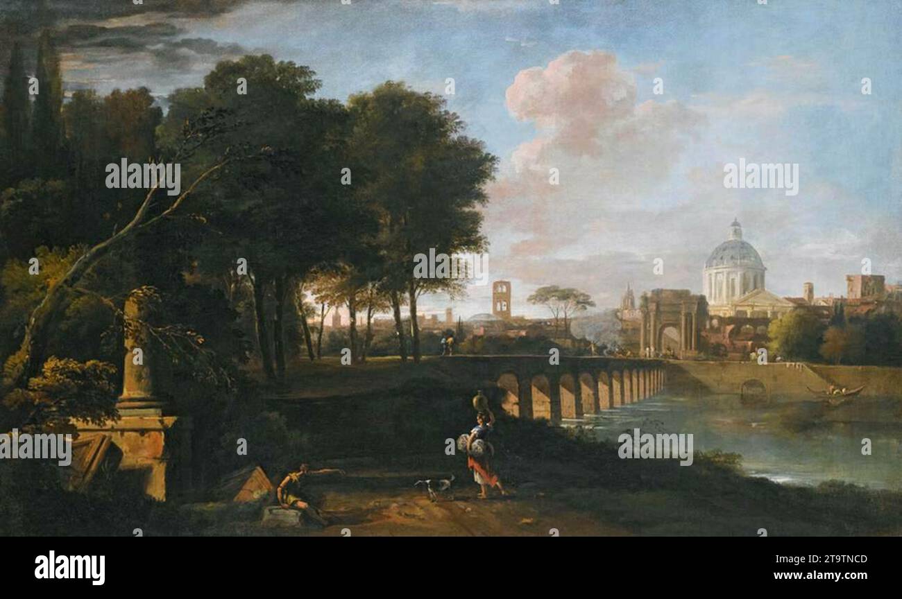 Un paysage Capriccio avec une église avec dôme des années 1710 par Marco Ricci Banque D'Images