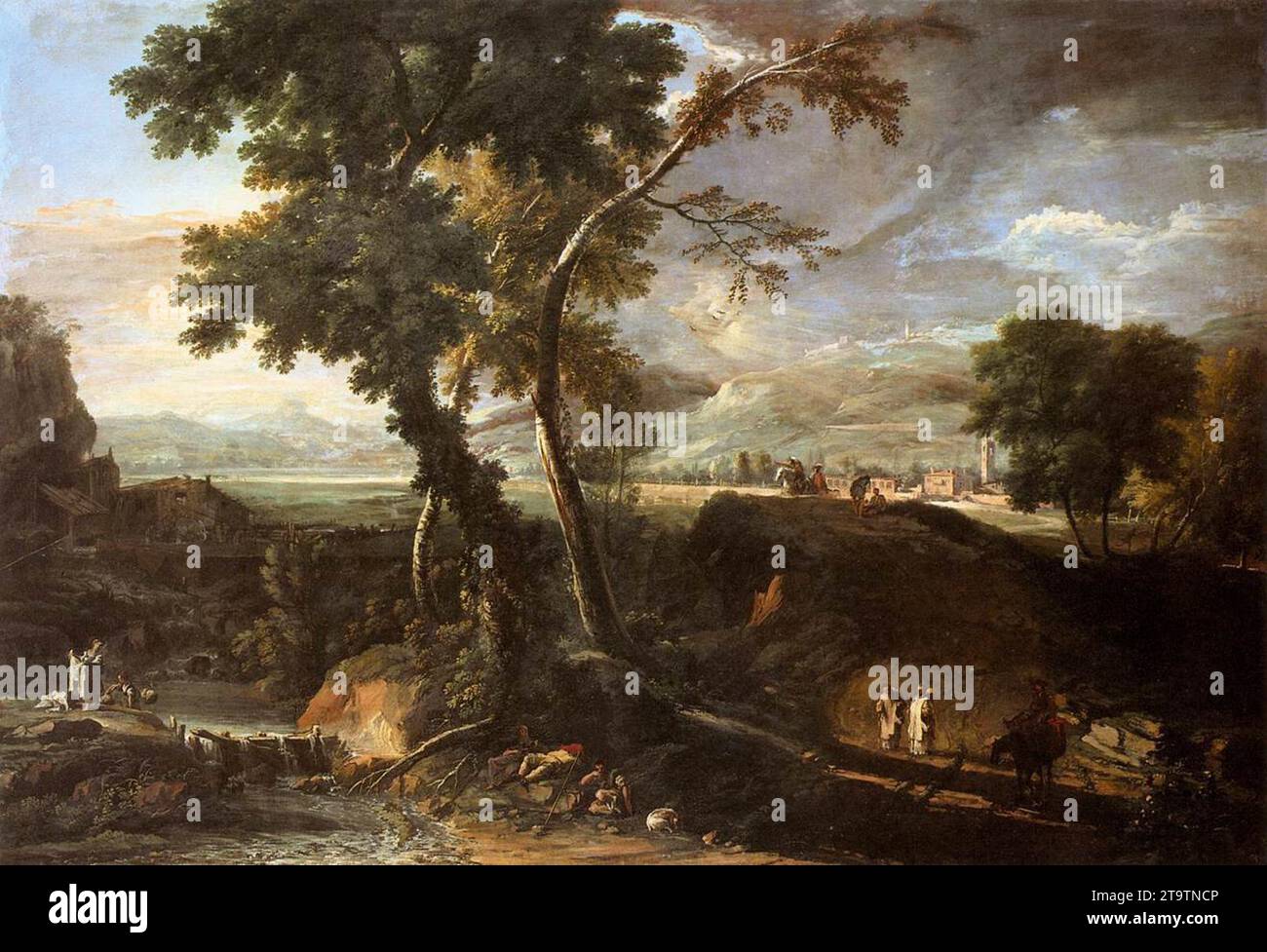 Paysage avec rivière et figures c. 1720 par Marco Ricci Banque D'Images