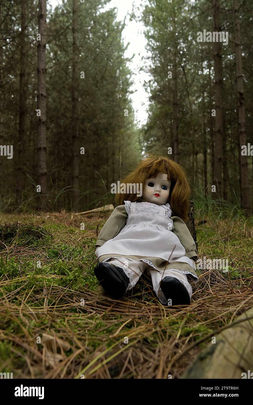 poupée effrayante à 1 yeux assise dans la forêt, style thriller d'horreur. Banque D'Images
