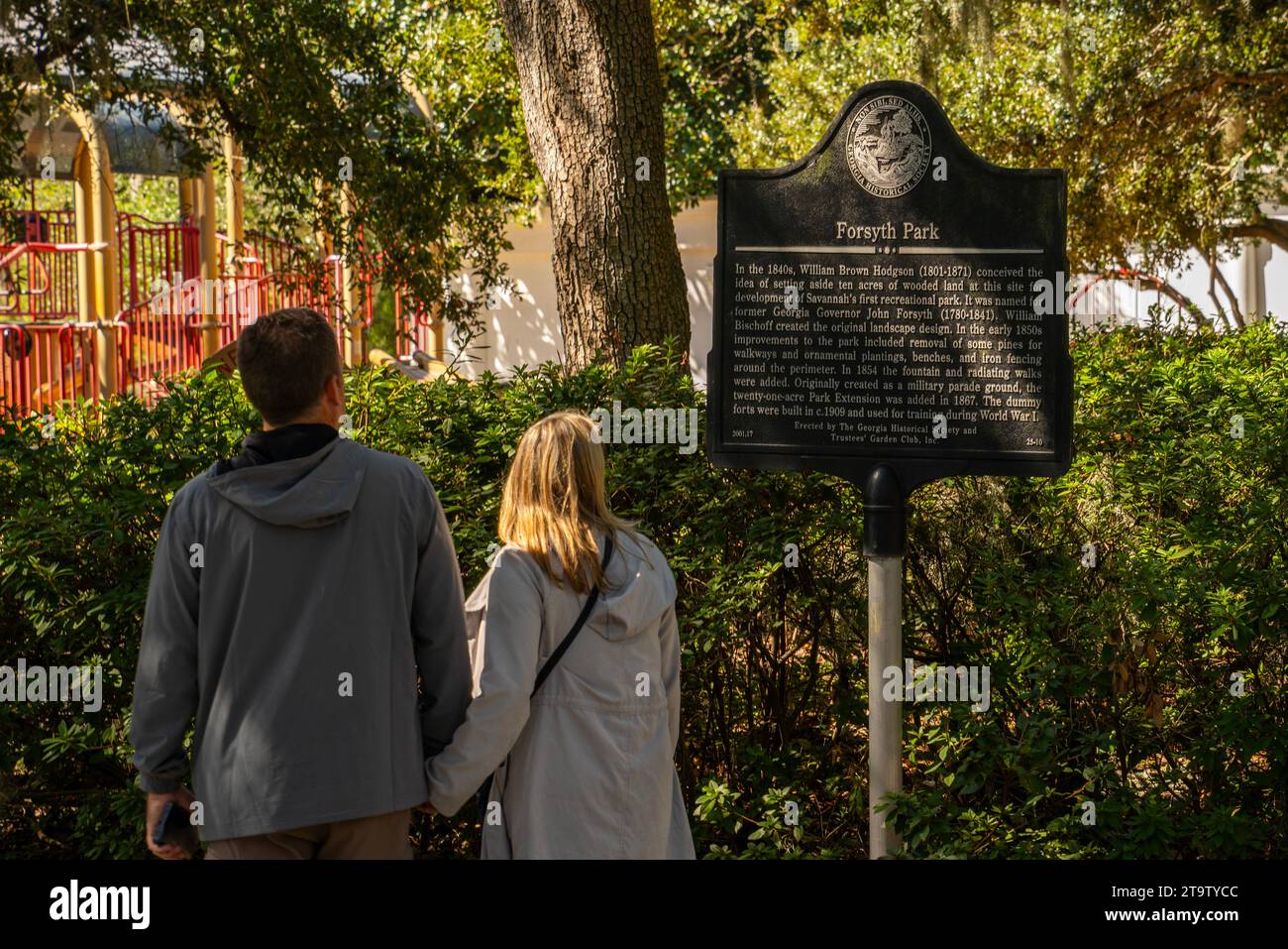 Plaque d'information Forsyth Park à Savannah, Géorgie Banque D'Images