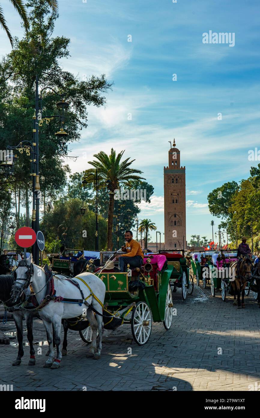 Afrique du Nord. Maroc. Marrakech. Voitures pour touristes avec le minaret Koutoubia en arrière-plan Banque D'Images