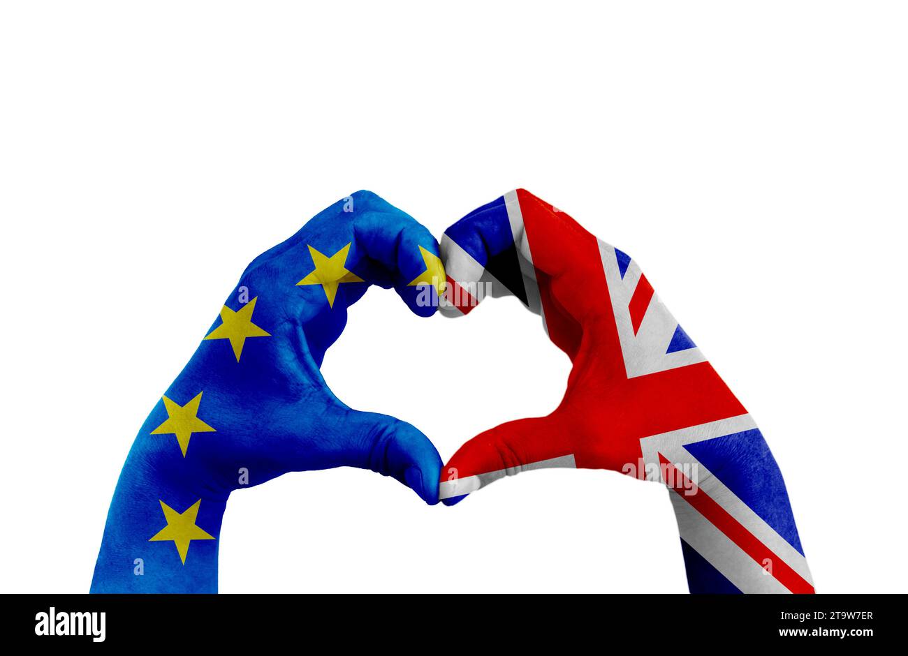 brexit, les mains de l'homme en forme de coeur modelé avec le drapeau de l'Union européenne bleu et le drapeau de la grande-bretagne royaume-uni sur le fond blanc, vote référendum pour le concept de sortie du royaume-uni Banque D'Images