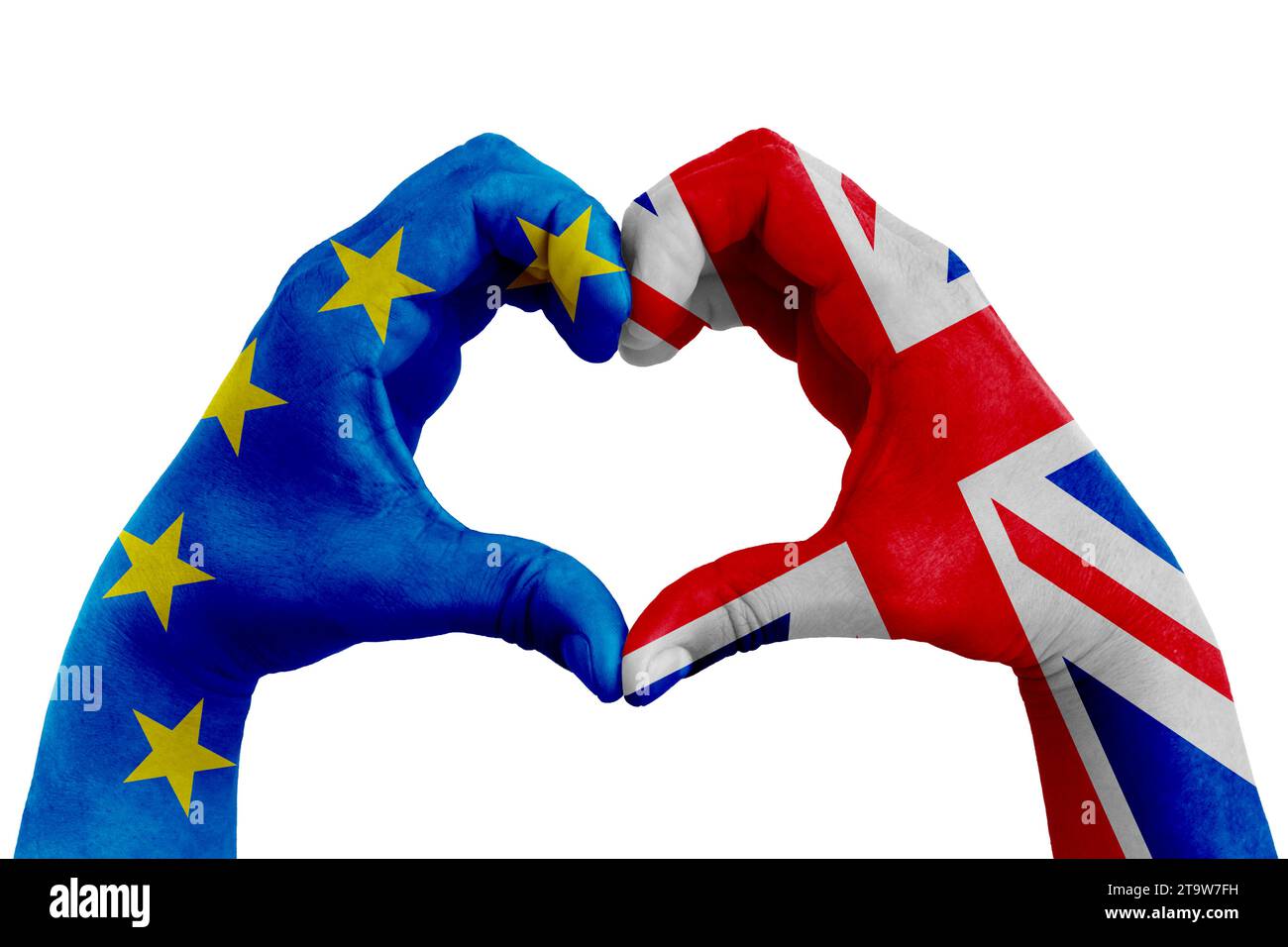 brexit, les mains de l'homme en forme de coeur modelé avec le drapeau de l'Union européenne bleu et le drapeau de la grande-bretagne royaume-uni sur le fond blanc, vote référendum pour le concept de sortie du royaume-uni Banque D'Images