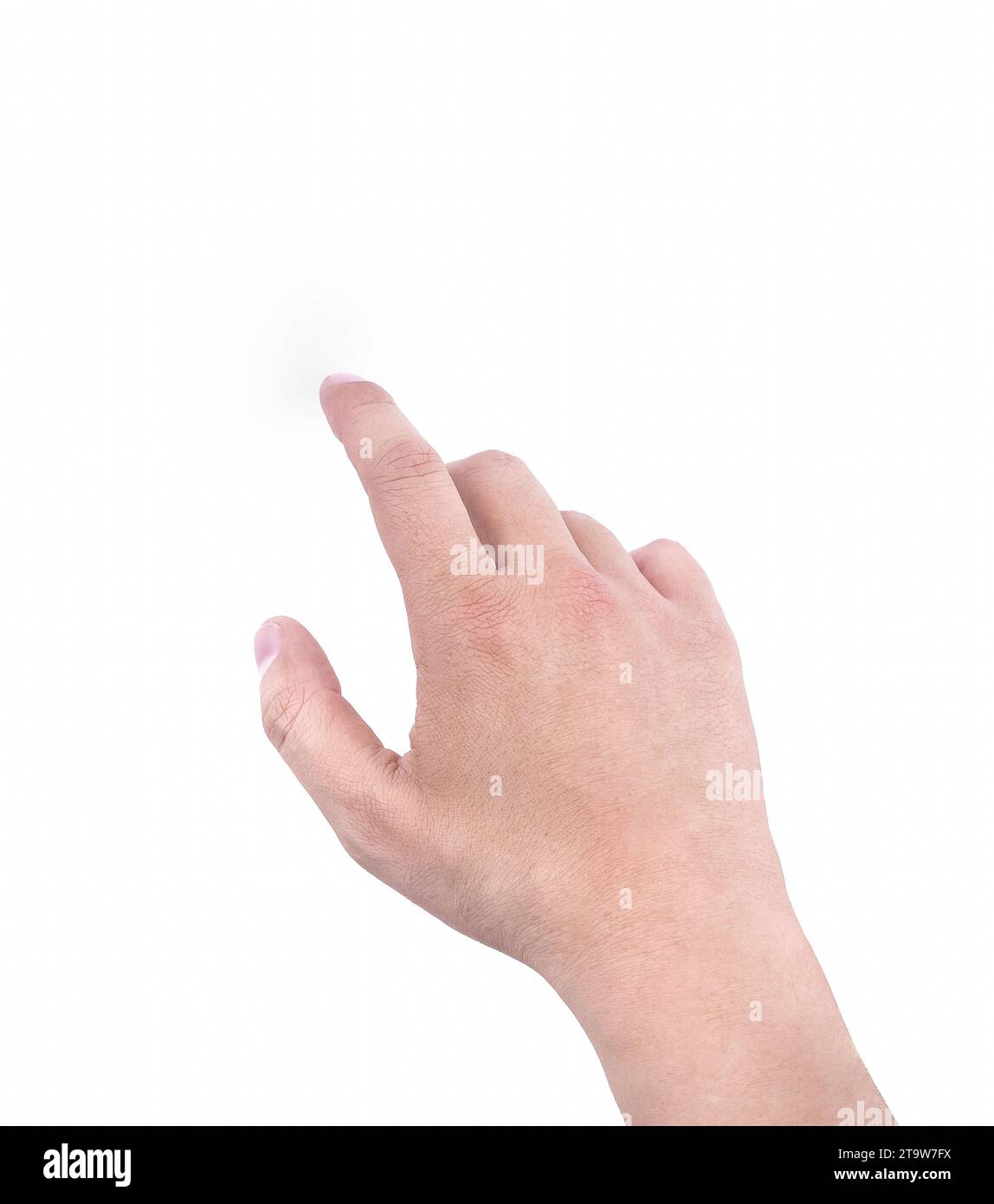 mains d'un homme montrant l'index sur fond blanc, symbole de main signe concept d'écran tactile Banque D'Images