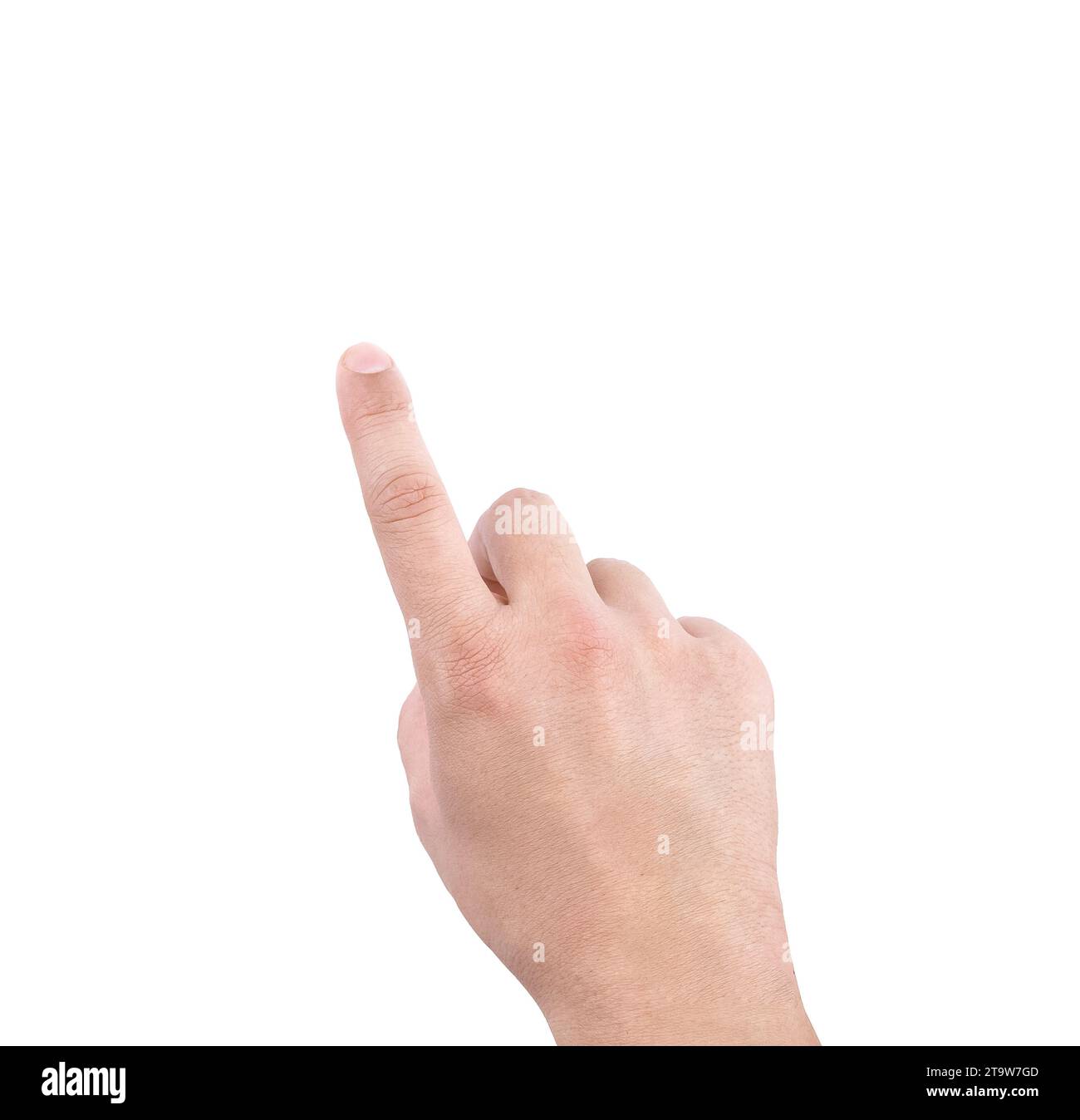mains d'un homme montrant le numéro un, index sur fond blanc, concept d'écran tactile Banque D'Images