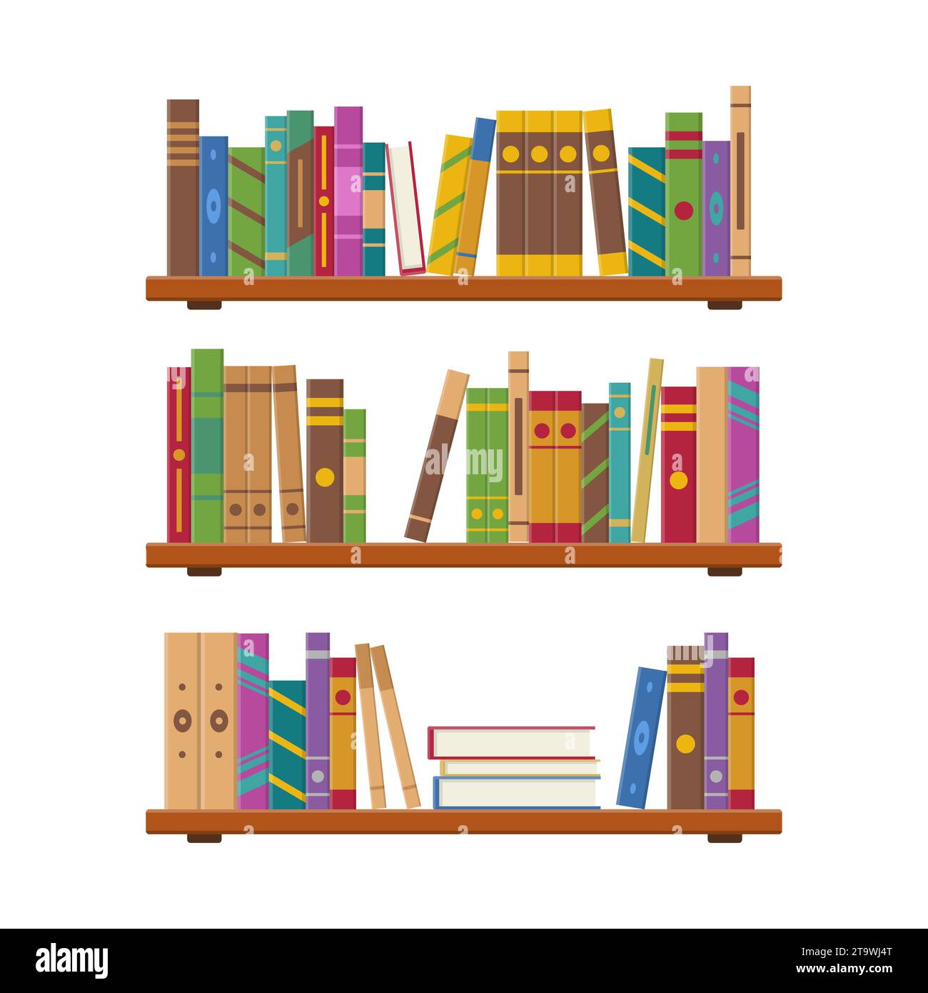 Étagères intérieures avec des épines de livres multicolores. Empilez des livres sur l'étagère avec des livres de bibliothèque ou de librairie. Dictionnaire de piles pour l'éducation. Illustration de Vecteur