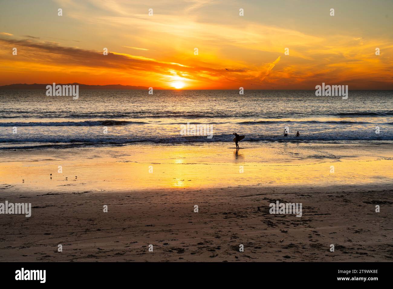 Surf Surfers au coucher du soleil sur une plage californienne Banque D'Images