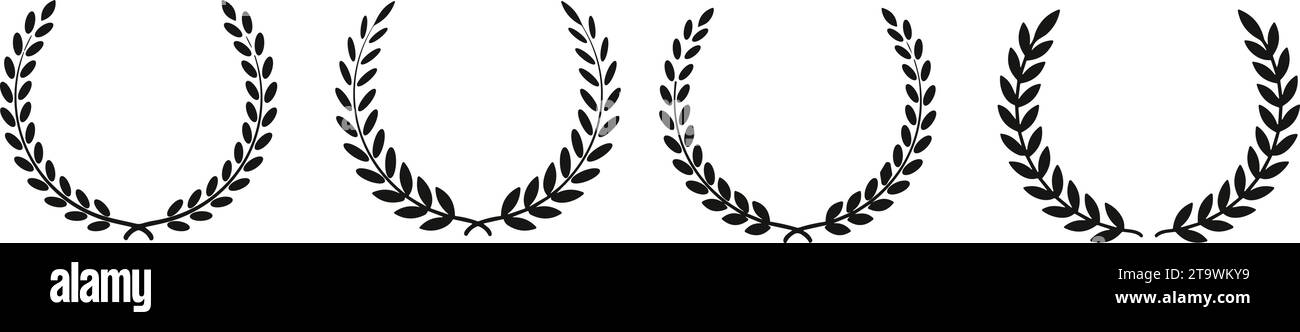 Ensemble silhouette noire circulaire Laurier feuilleté, blé et couronnes de chêne représentant un prix, une réalisation, une héraldique, une noblesse. Emblème floral branche grecque fl Illustration de Vecteur