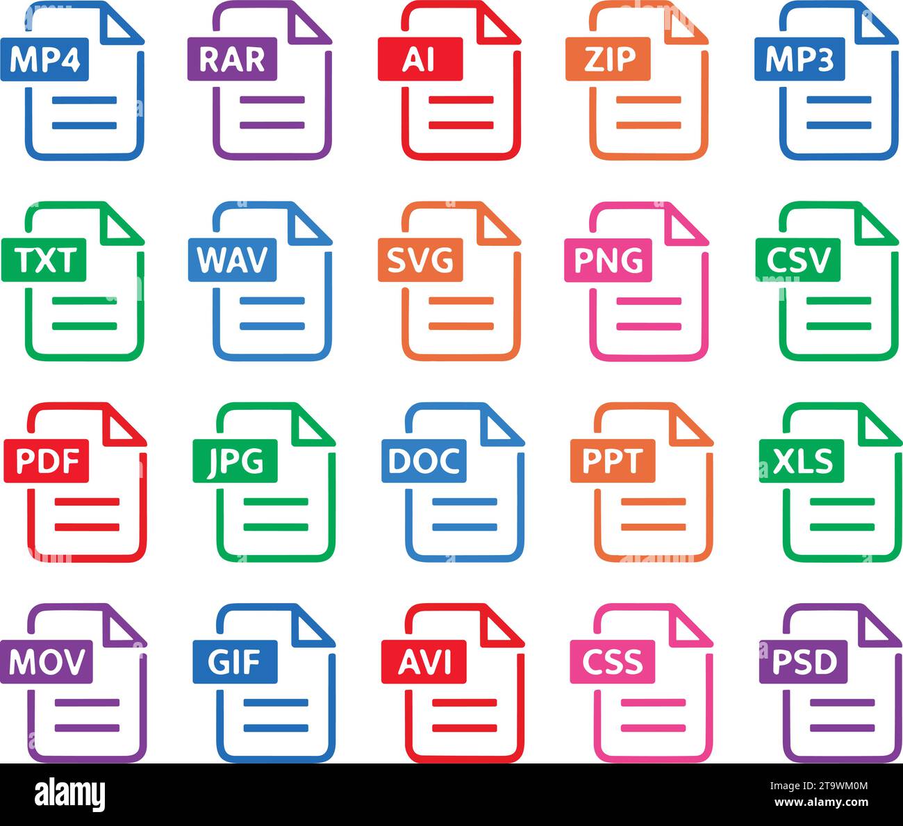 Jeu d'icônes de type de fichier. Format de fichiers et document populaires. Format et extension des documents. Ensemble de PDF, doc, Excel, png, jpg, psd, gif, csv, xls, ppt, h Illustration de Vecteur