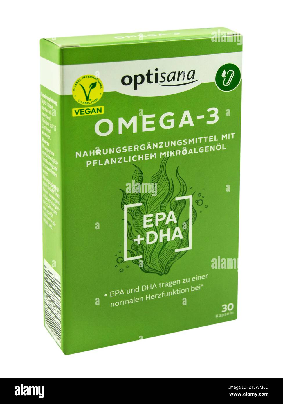 Hambourg, Allemagne - novembre 26 2023 : allemand Optisana Omega-3 Mikroalgenoel isolé sur fond blanc Banque D'Images