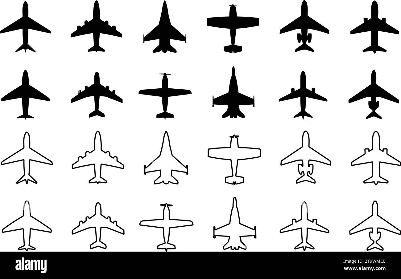 Définir les icônes d'avion. Avions style plat et ligne. avion à réaction. symbole de voyage en avion. Illustration de Vecteur