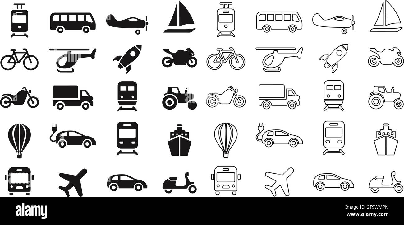 Ensemble d'icônes de transport ou de transport. Contenant voiture, vélo, avion, train, vélo, moto, bus et scooter, tracteur et véhicule électrique, navire ou F Illustration de Vecteur