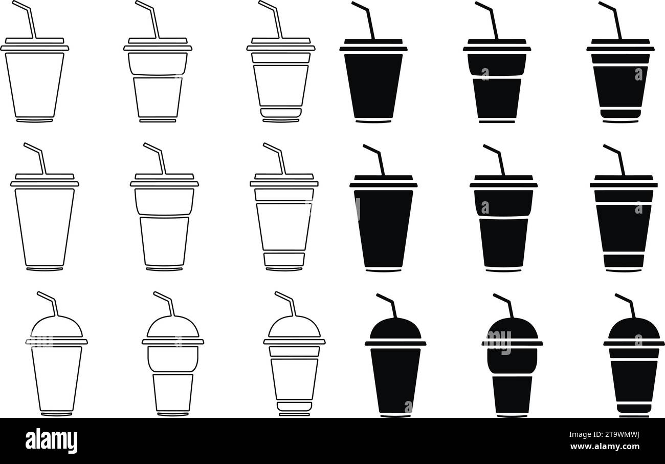 Tasse à café ou à thé en plastique jetable avec ensemble vecteur d'icône de paille. collection de verres à boissons froides dans un style plat et ligne. Illustration de Vecteur