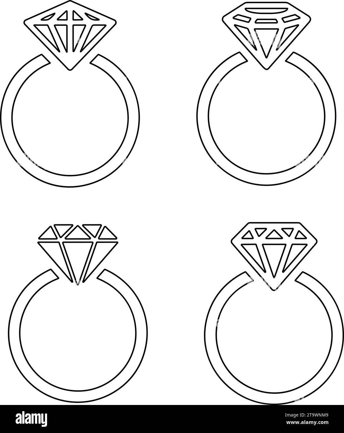 Fiançailles en diamant et bague de mariage. icône de vecteur de collection d'anneaux. Bague avec pierre précieuse. Illustration de Vecteur