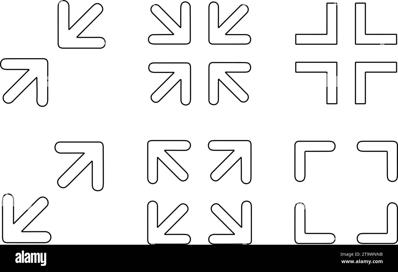 Agrandir et réduire le jeu d'icônes des boutons de l'écran. Entrée et sortie en plein écran de la collection de panneaux. Icônes de marque fléchée. Icônes d'évolutivité dans un style plat pour les Web Illustration de Vecteur