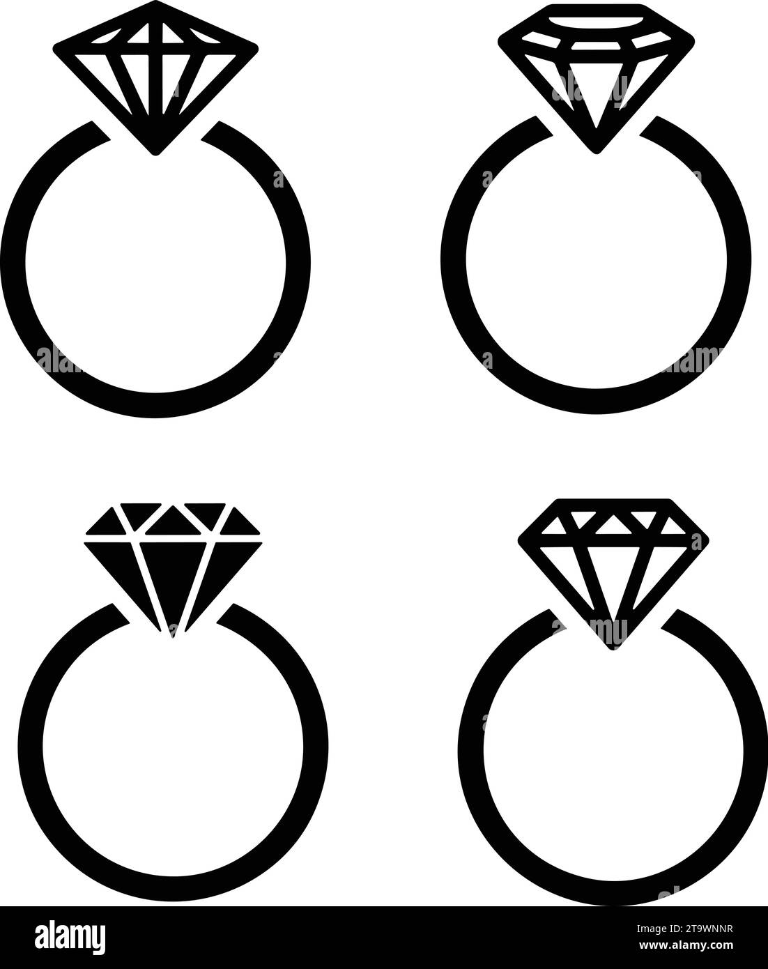 Fiançailles en diamant et bague de mariage. icône de vecteur de collection d'anneaux. Bague avec pierre précieuse. Illustration de Vecteur