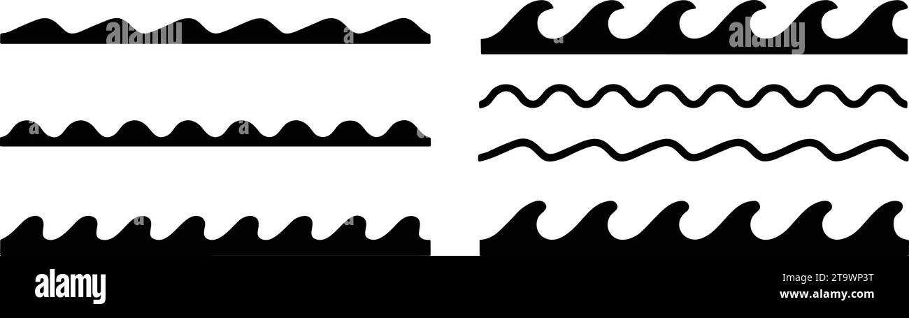 Icône de vague marine définie. Logo de l'eau, symbole de l'océan de ligne dans le style plat de vecteur. motif marin. collecte des vagues d'eau Illustration de Vecteur