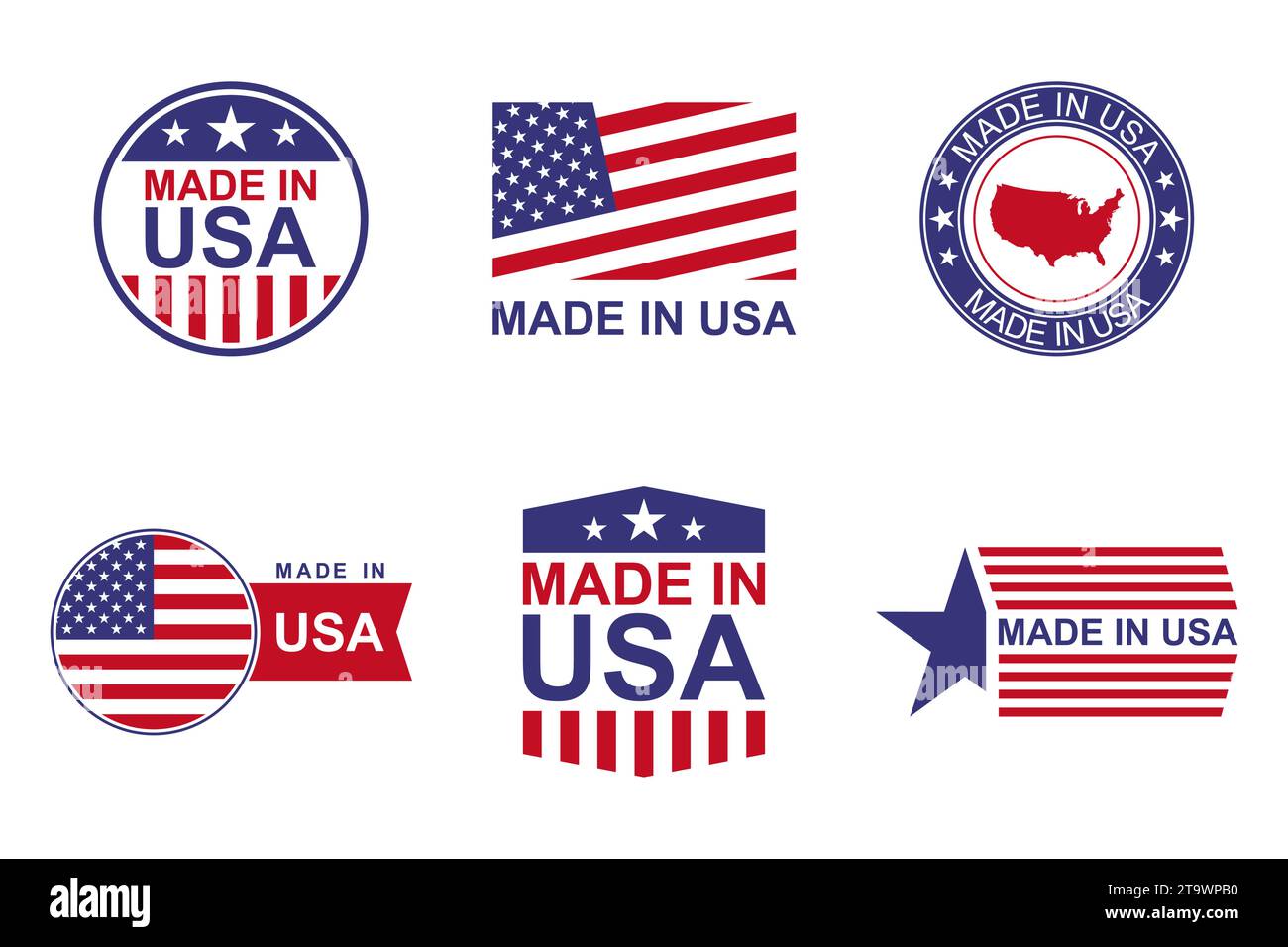 Jeu d'étiquettes Made in USA. Produit fabriqué aux États-Unis d'Amérique icône signes patriotiques. Entreprise de qualité américaine et thème national. Illustration de Vecteur