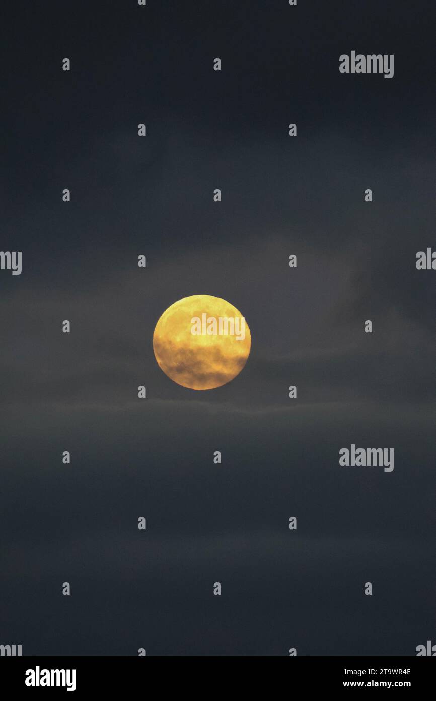 Newcastle, comté de Down, Irlande du Nord, Royaume-Uni. 27 novembre 2023. Lune de novembre ou Beaver Moon visible dans un ciel dégagé au-dessus de la côte du comté de Down. La lune traverse les nuages de fin d'après-midi à 16,21 GMT. Crédit : CAZIMB/Alamy Live News. Banque D'Images