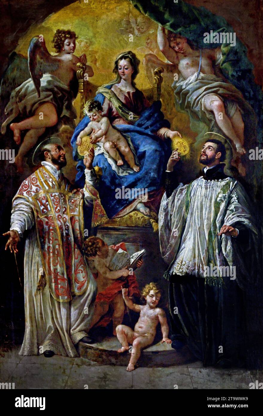 Madone et enfant sur le trône entre Saint Ignace François Xavier par Paolo de Matteis,1662-1728, Cappellone di sant'Ignazio di Loyola - Chapelle de Saint Ignace de Loyola Gesu Nuovo, Naples. La Chapelle de Sant'Ignazio di Loyola, fondateur des Jésuites Naples, Italie, Italien, Beaux-Arts Banque D'Images