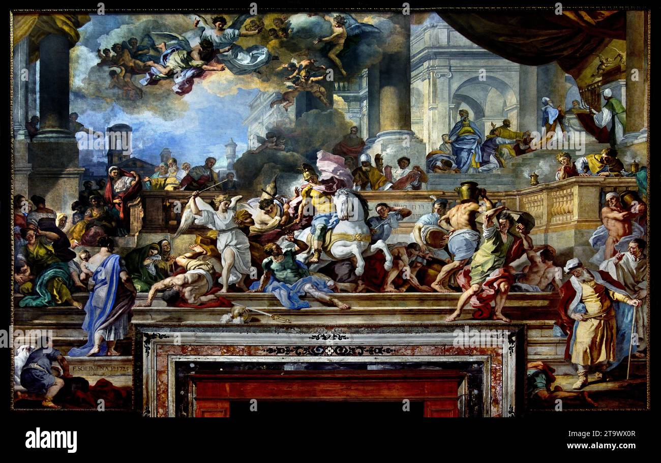 Contre-façade. Expulsion d'Héliodore du Temple. Auteur Francesco Solimena. Chiesa del Gesu Nuovo, Église du Nouveau Jésus, Naples, Italie, Italien, beaux-arts. L'architecture baroque a été achevée en 1750. L'expulsion d'Héliodore - Héliodore, a été envoyé par le roi de Syrie Séleucus, pour reprendre le Trésor conservé dans le temple de Jérusalem. À la demande du grand prêtre Onias, Dieu envoie un cavalier assisté de deux jeunes qui battent et bannirent Héliodore. Banque D'Images Contre-façade. Expulsion d'Héliodore du Temple. Auteur Francesco Solimena. Chiesa del Gesu Nuovo, Église du Nouveau Jésus, Naples, Italie, Italien, beaux-arts. L'architecture baroque a été achevée en 1750. L'expulsion d'Héliodore - Héliodore, a été envoyé par le roi de Syrie Séleucus, pour reprendre le Trésor conservé dans le temple de Jérusalem. À la demande du grand prêtre Onias, Dieu envoie un cavalier assisté de deux jeunes qui battent et bannirent Héliodore. Banque D'Images